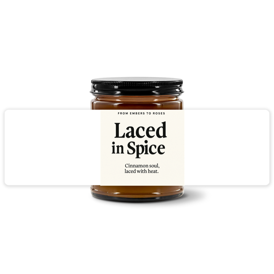 Laced in Spice|9oz Amber Jar Candle | 7"x2" White Label | Black Lid