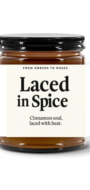 Laced in Spice|9oz Amber Jar Candle | 7"x2" White Label | Black Lid